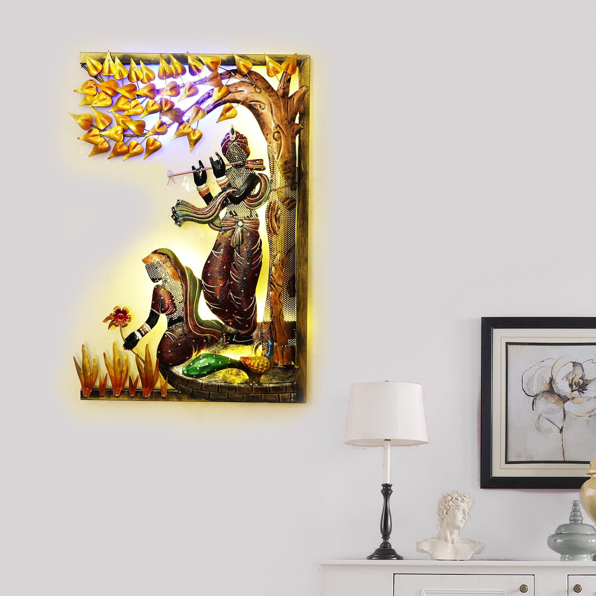 Lord krishna playing flute for radha Handcrafted Metal Wall Hanging with Background LED's Kafalo
