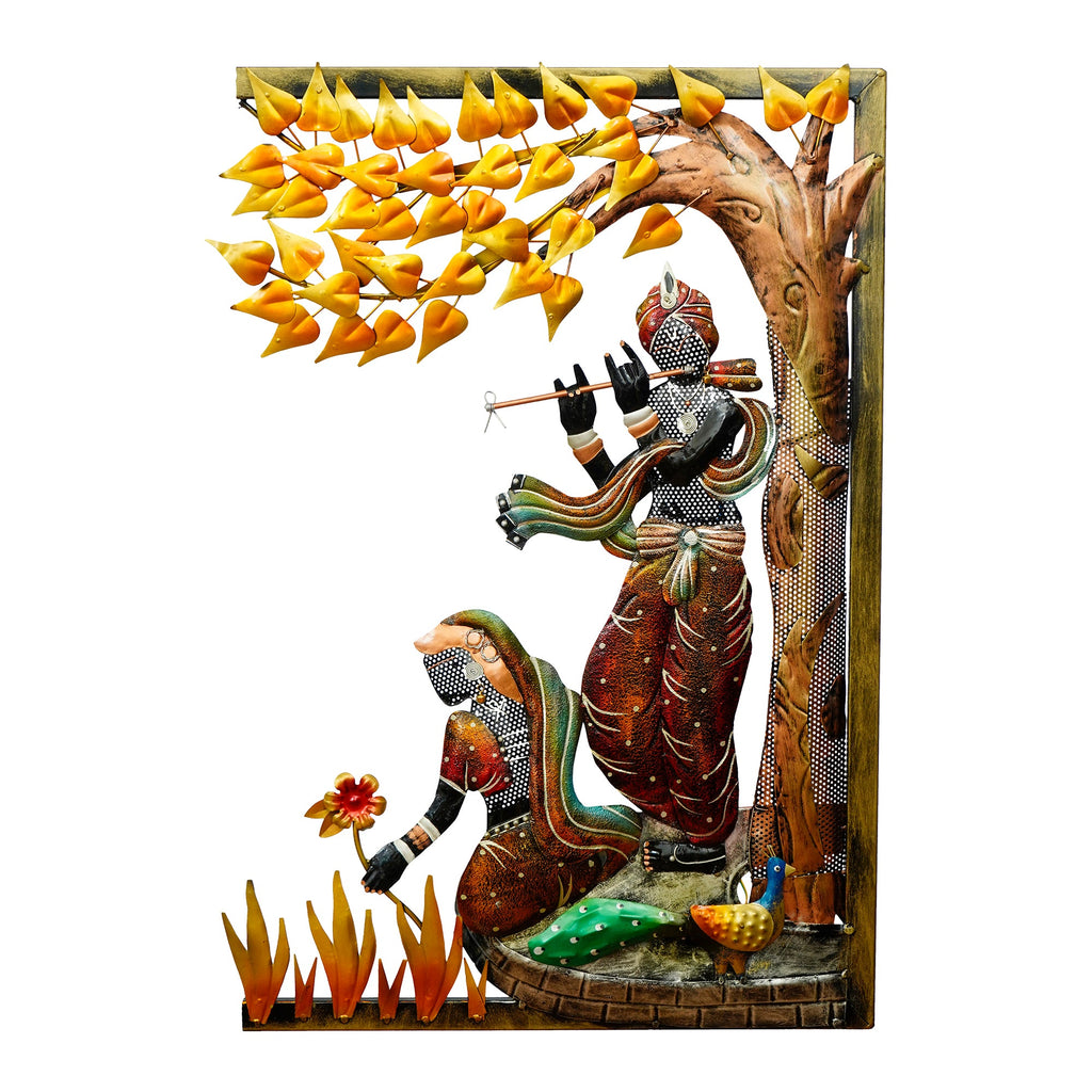 Lord krishna playing flute for radha Handcrafted Metal Wall Hanging with Background LED's Kafalo