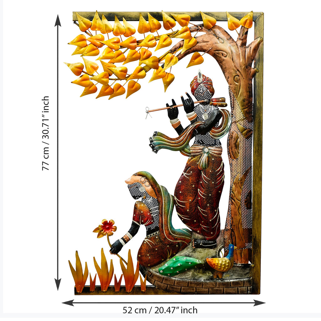 Lord krishna playing flute for radha Handcrafted Metal Wall Hanging with Background LED's Kafalo