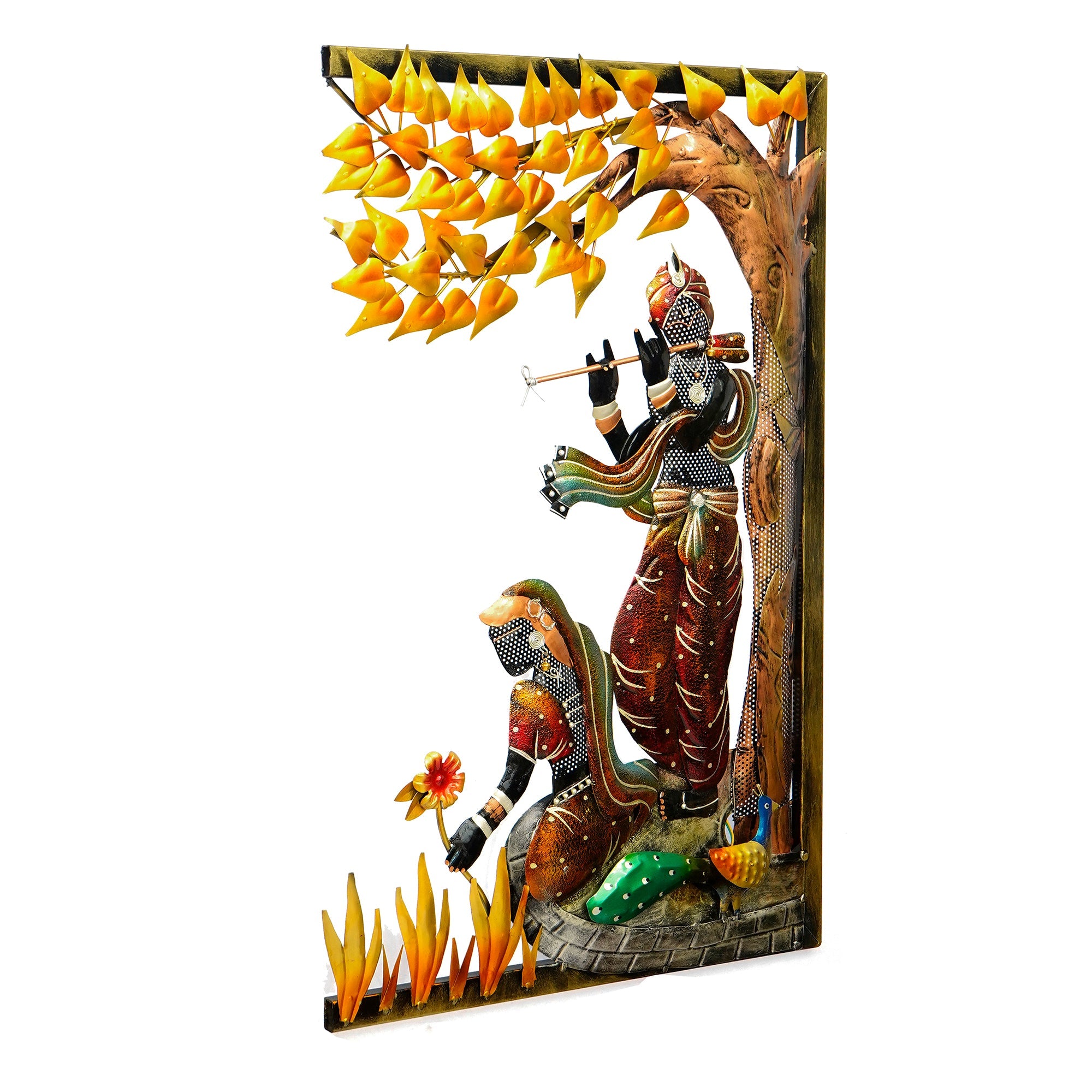 Lord krishna playing flute for radha Handcrafted Metal Wall Hanging with Background LED's Kafalo