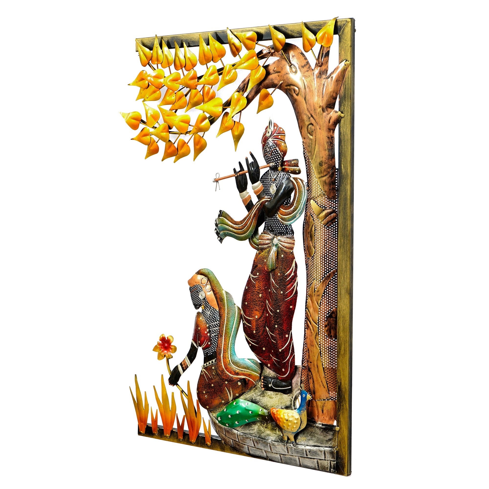 Lord krishna playing flute for radha Handcrafted Metal Wall Hanging with Background LED's Kafalo