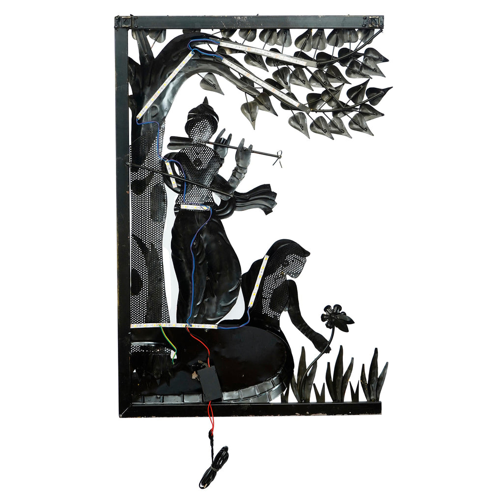 Lord krishna playing flute for radha Handcrafted Metal Wall Hanging with Background LED's Kafalo