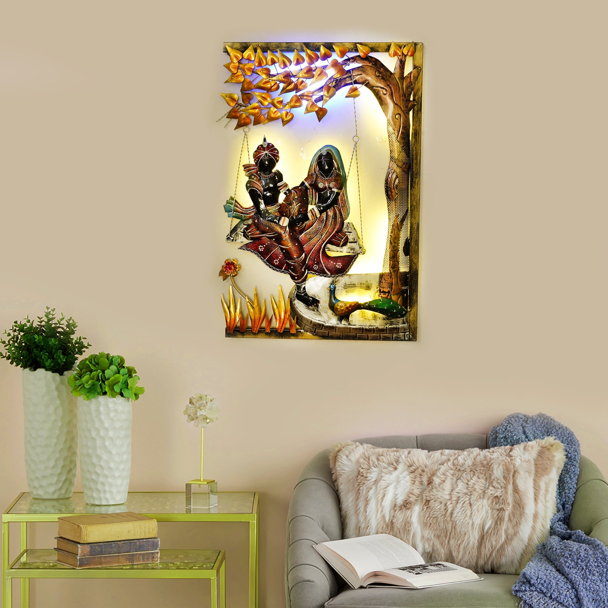 Radha Krishna on Swing Under Tree Handcrafted Metal Wall Hanging with Background LED's Kafalo
