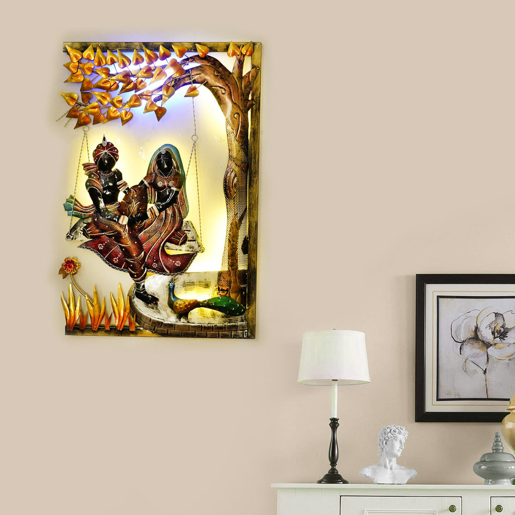 Radha Krishna on Swing Under Tree Handcrafted Metal Wall Hanging with Background LED's Kafalo
