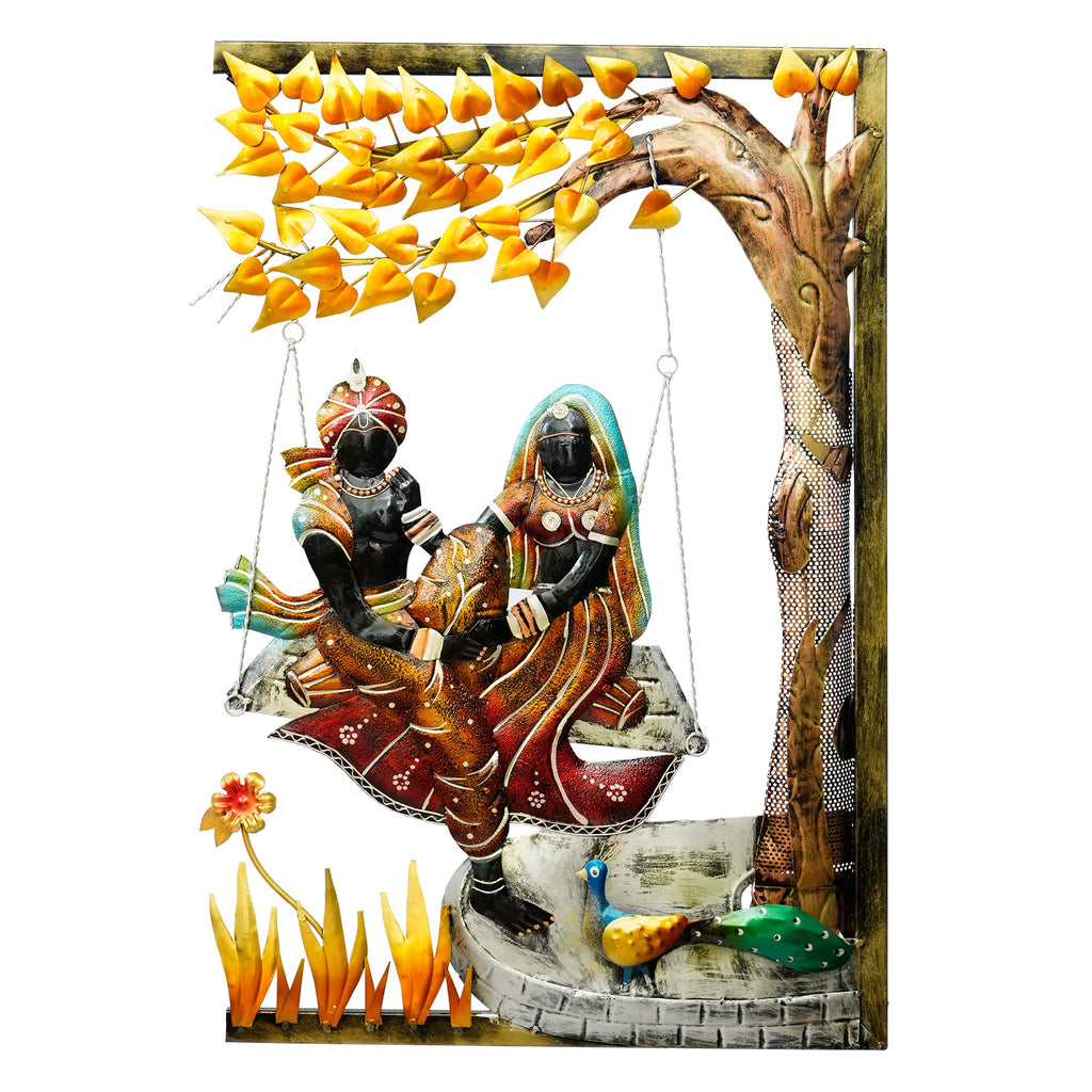 Radha Krishna on Swing Under Tree Handcrafted Metal Wall Hanging with Background LED's Kafalo