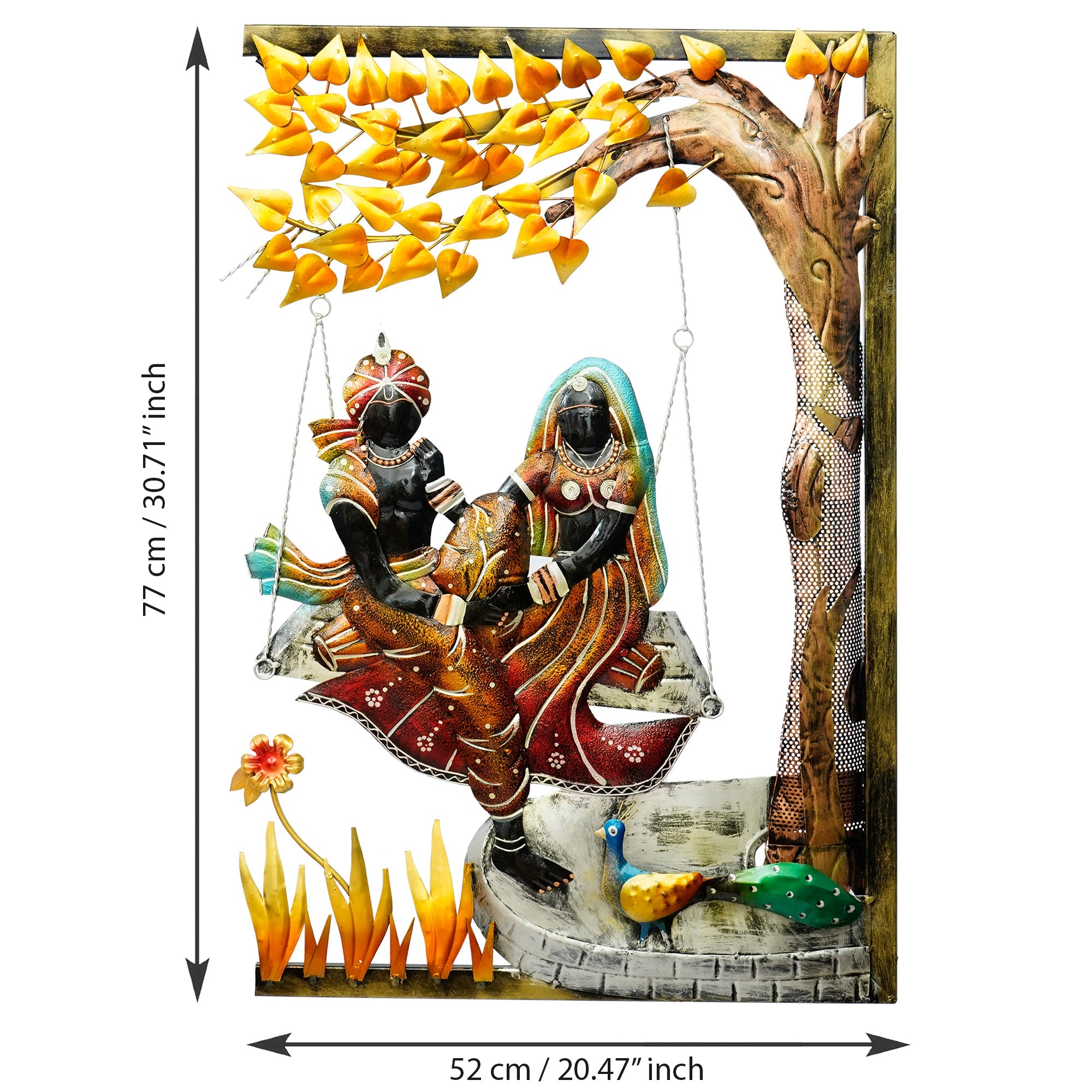 Radha Krishna on Swing Under Tree Handcrafted Metal Wall Hanging with Background LED's Kafalo