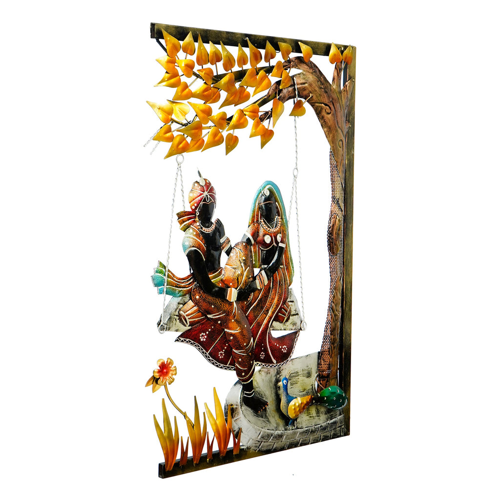 Radha Krishna on Swing Under Tree Handcrafted Metal Wall Hanging with Background LED's Kafalo