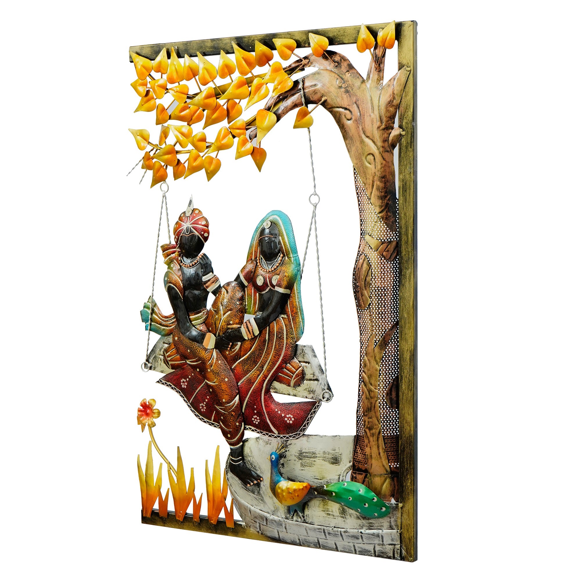 Radha Krishna on Swing Under Tree Handcrafted Metal Wall Hanging with Background LED's Kafalo