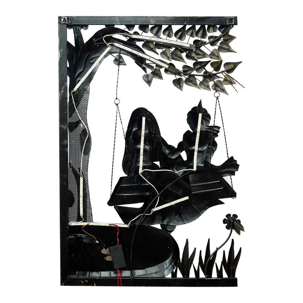 Radha Krishna on Swing Under Tree Handcrafted Metal Wall Hanging with Background LED's Kafalo