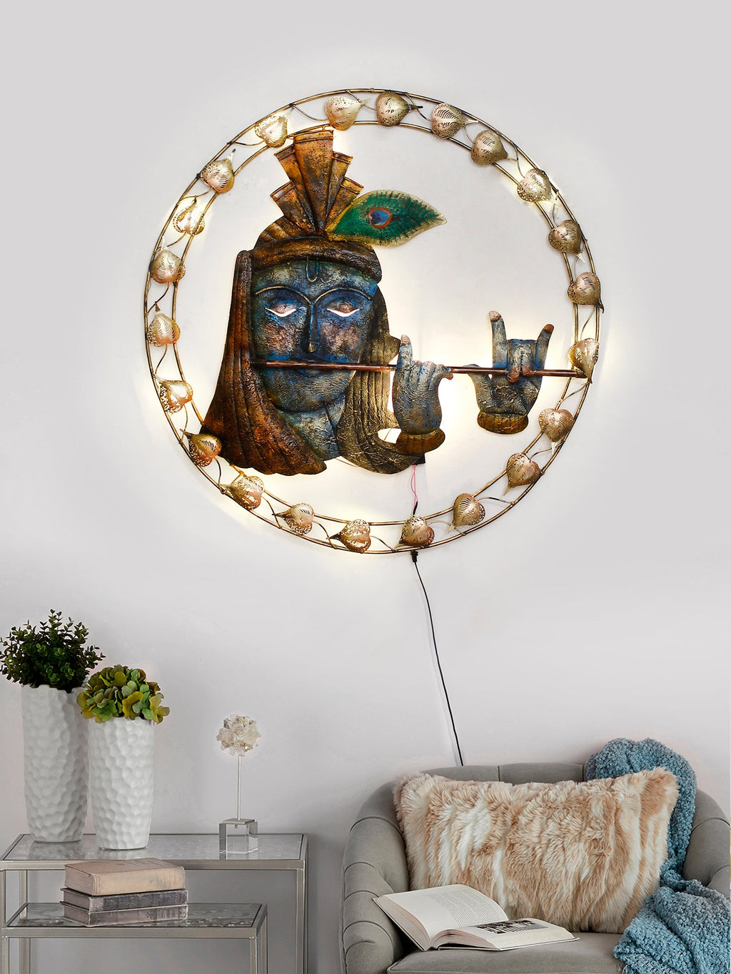 Lord Krishna Playing Flute Handcrafted Iron Wall Hanging with background LED's Kafalo
