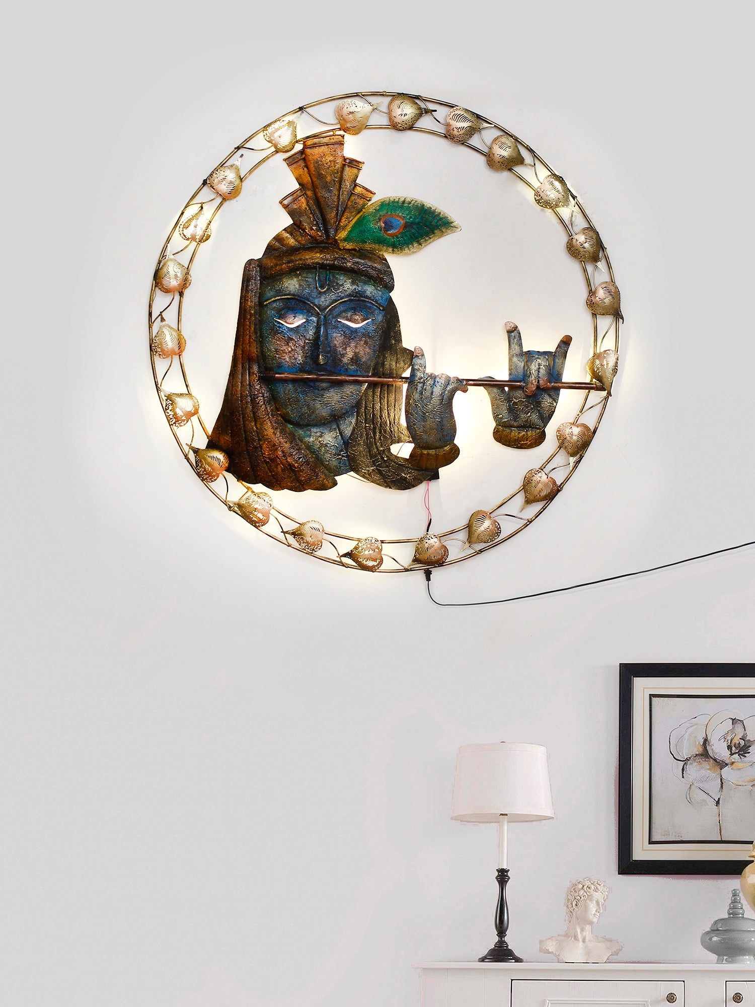 Lord Krishna Playing Flute Handcrafted Iron Wall Hanging with background LED's Kafalo