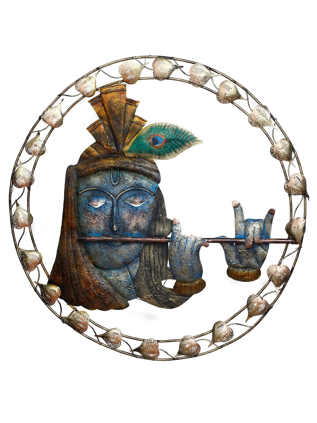 Lord Krishna Playing Flute Handcrafted Iron Wall Hanging with background LED's Kafalo