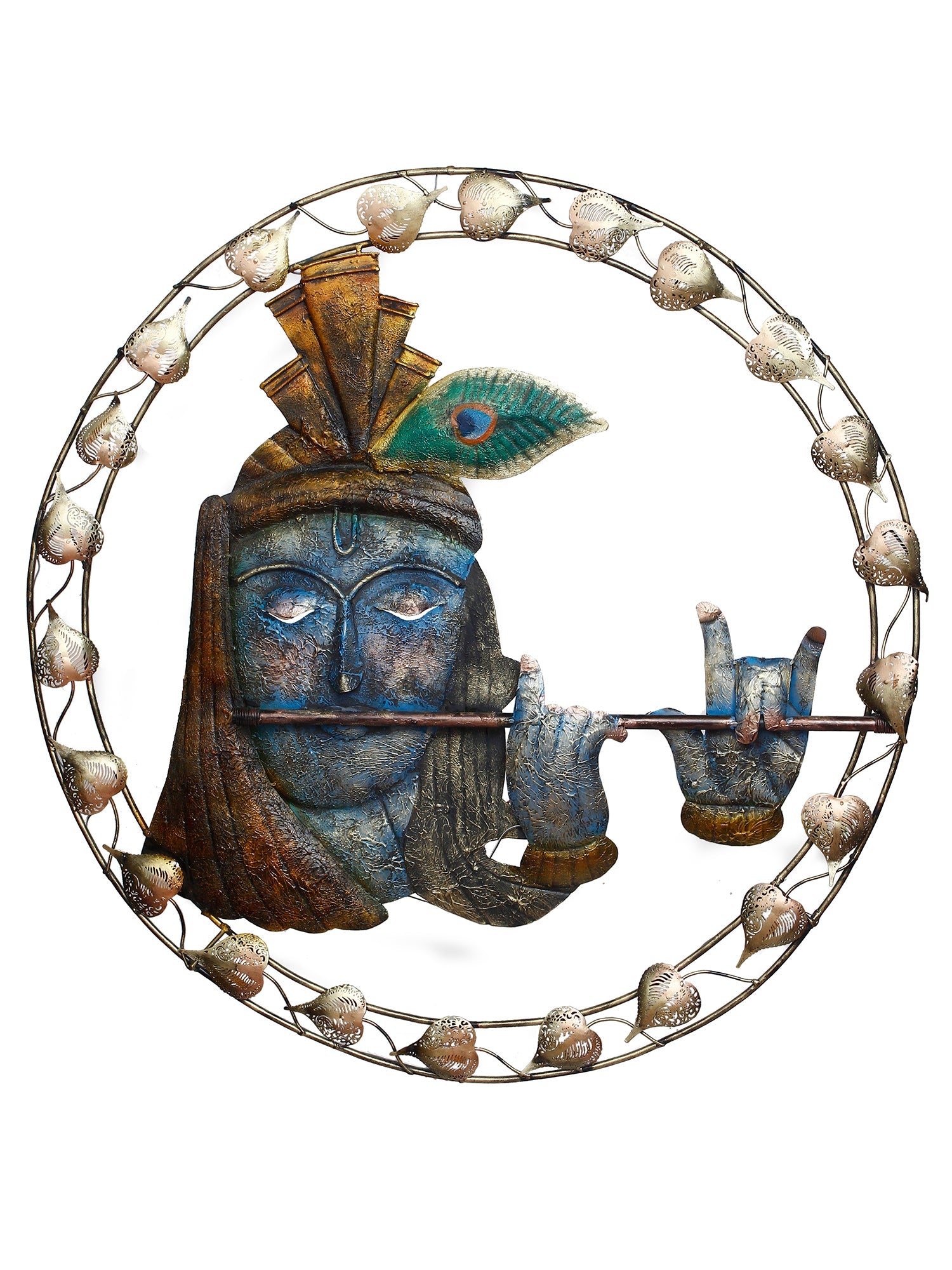 Lord Krishna Playing Flute Handcrafted Iron Wall Hanging with background LED's Kafalo