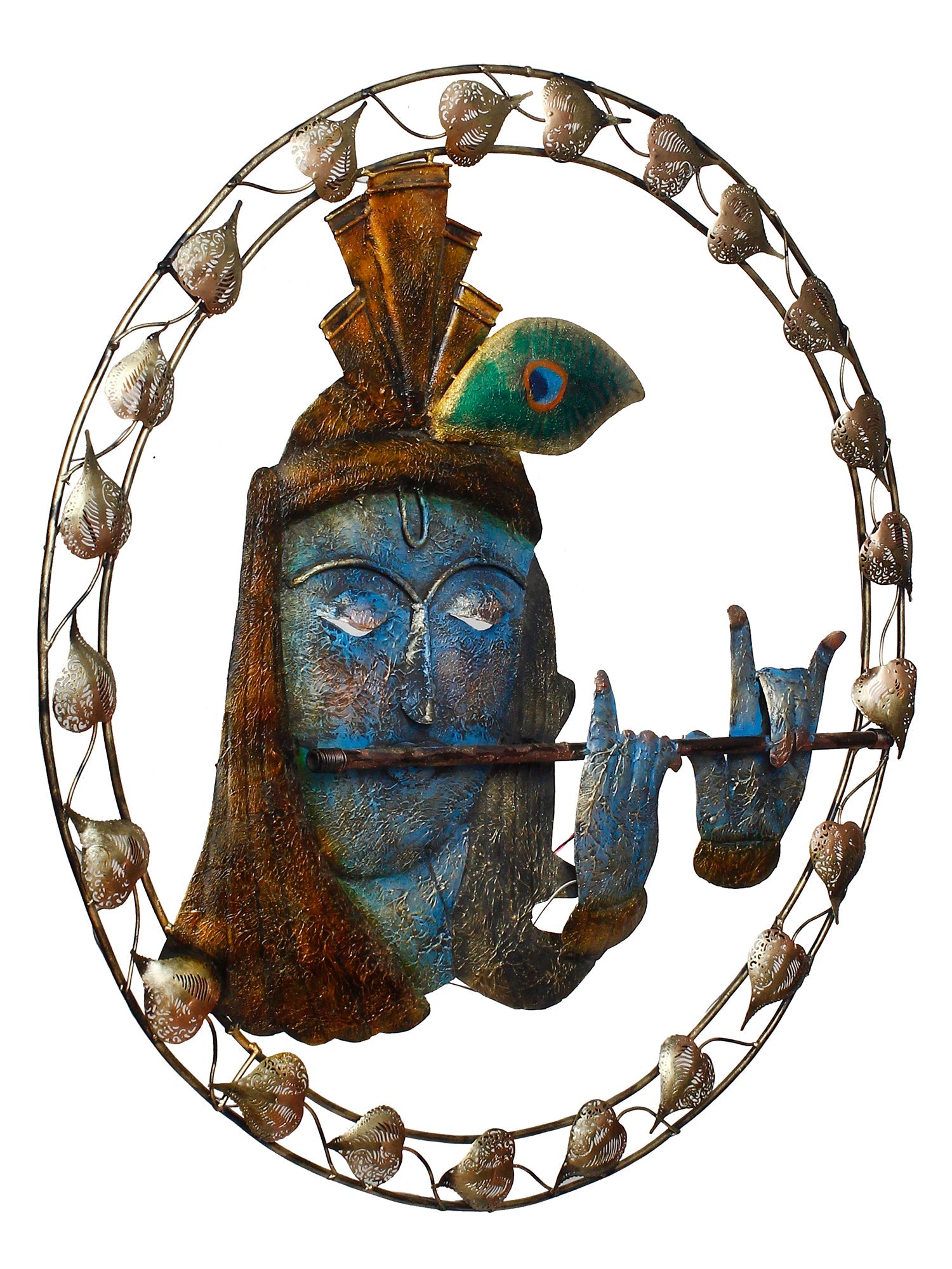 Lord Krishna Playing Flute Handcrafted Iron Wall Hanging with background LED's Kafalo