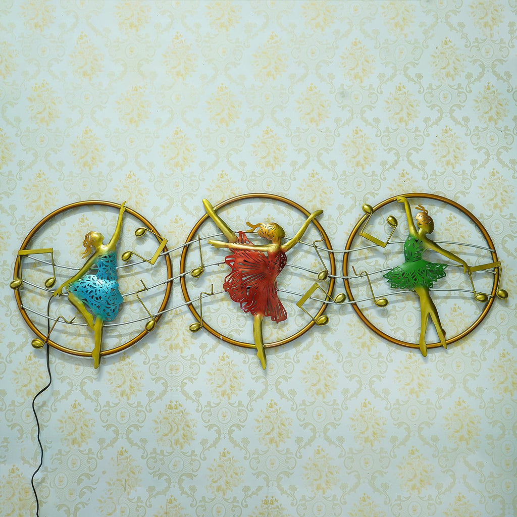 Set of 3 Dancing Lady Handcrafted Iron Wall Hanging with background LED's Kafalo