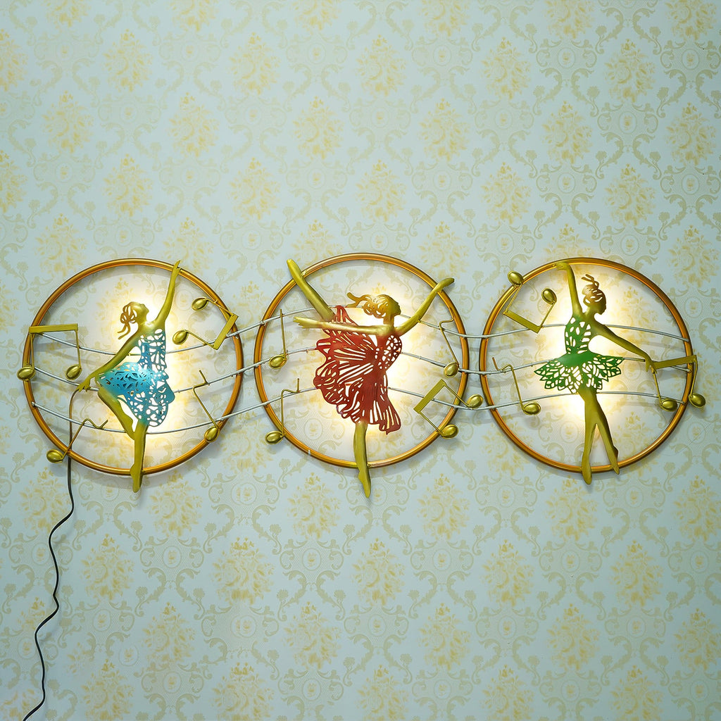 Set of 3 Dancing Lady Handcrafted Iron Wall Hanging with background LED's Kafalo