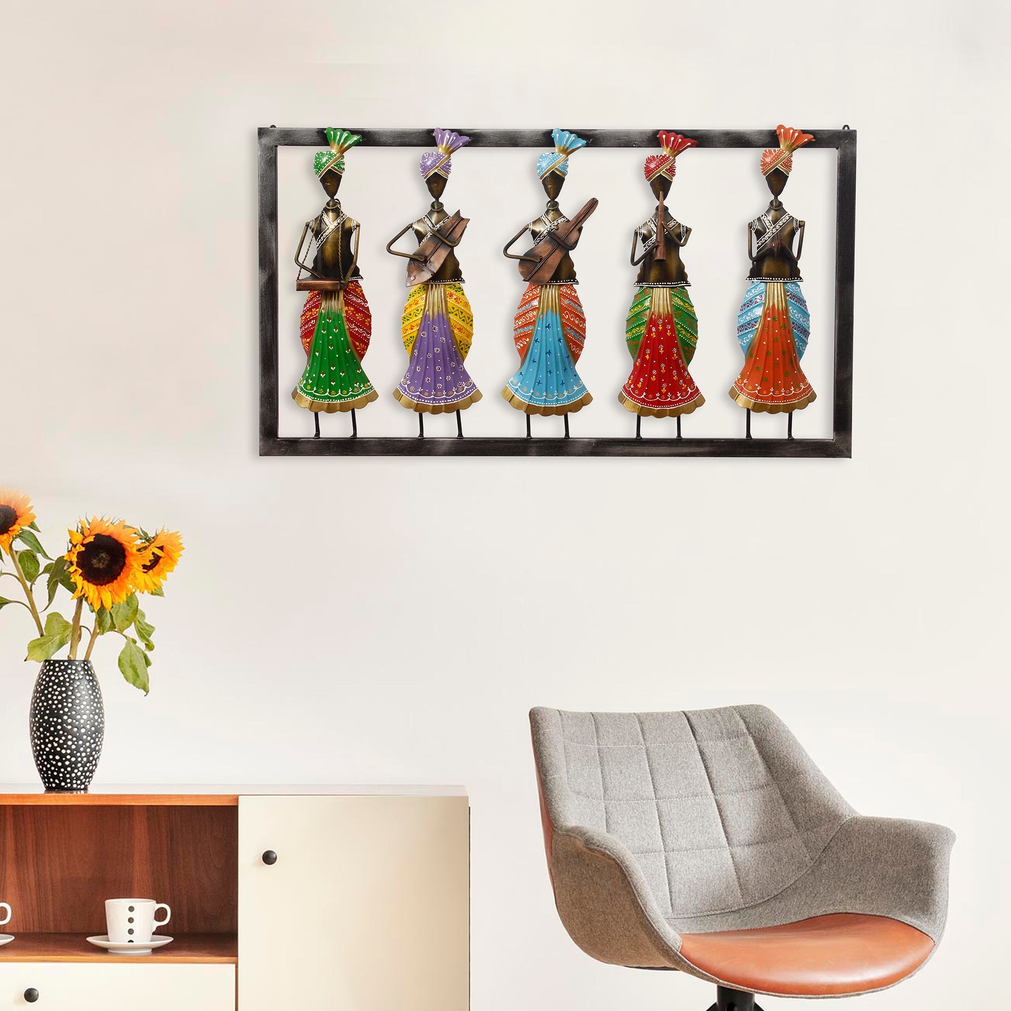 Set of 5 Tribal Women Playing Different Musical Instruments Colorful Decorative Iron Wall Hanging (Orange, Red, Blue, Purple, and Green) Kafalo