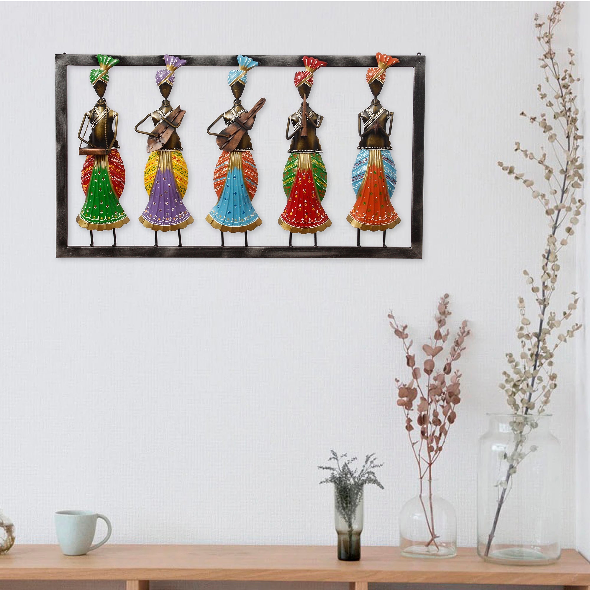 Set of 5 Tribal Women Playing Different Musical Instruments Colorful Decorative Iron Wall Hanging (Orange, Red, Blue, Purple, and Green) Kafalo