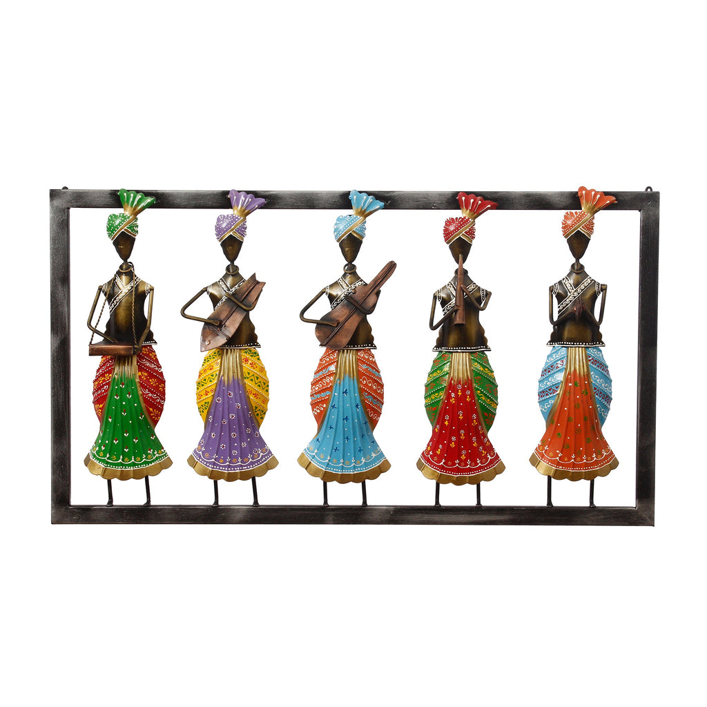 Set of 5 Tribal Women Playing Different Musical Instruments Colorful Decorative Iron Wall Hanging (Orange, Red, Blue, Purple, and Green) Kafalo