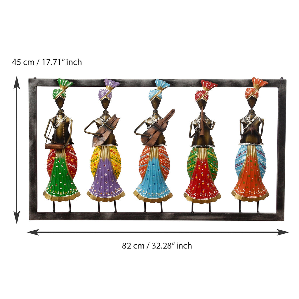 Set of 5 Tribal Women Playing Different Musical Instruments Colorful Decorative Iron Wall Hanging (Orange, Red, Blue, Purple, and Green) Kafalo