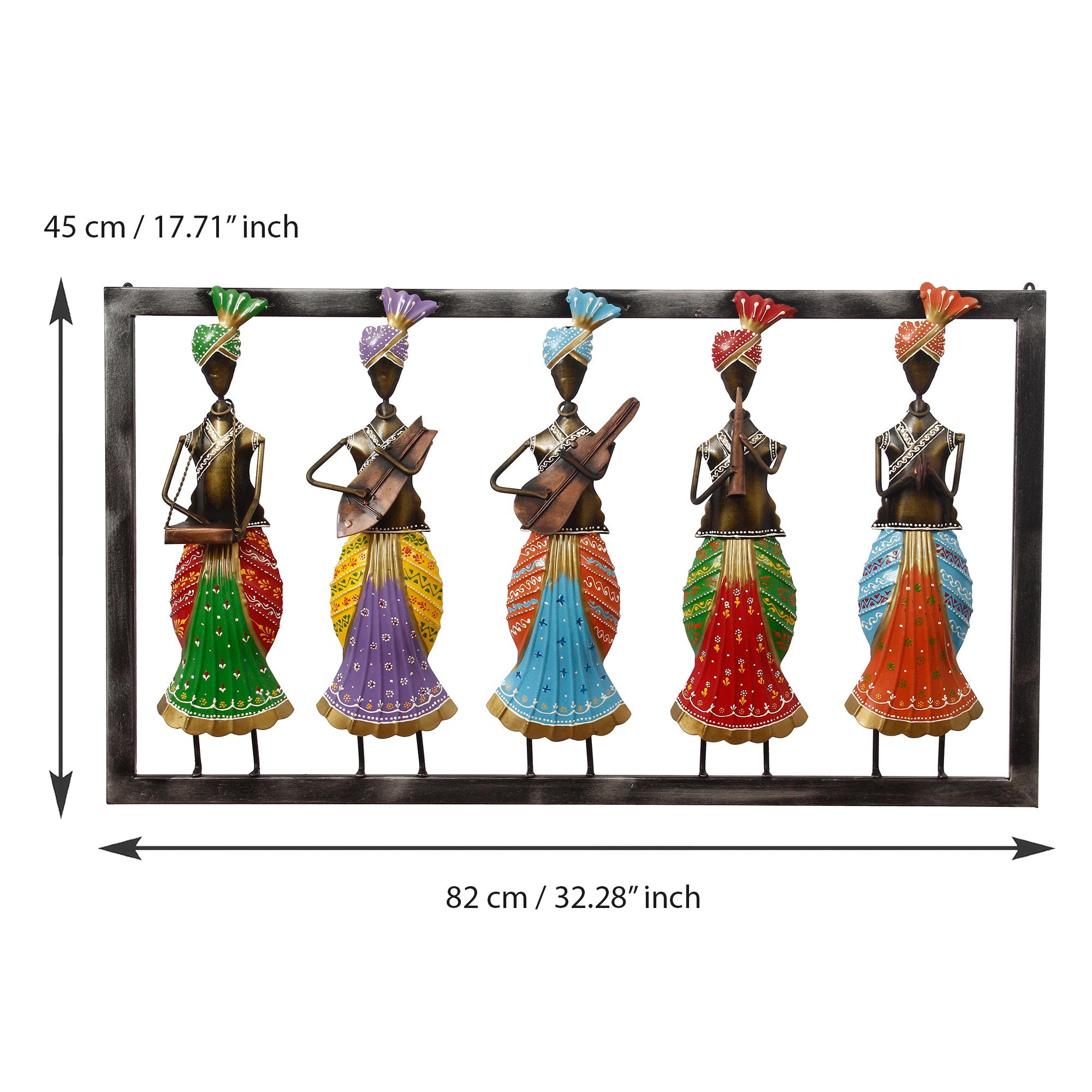 Set of 5 Tribal Women Playing Different Musical Instruments Colorful Decorative Iron Wall Hanging (Orange, Red, Blue, Purple, and Green) Kafalo