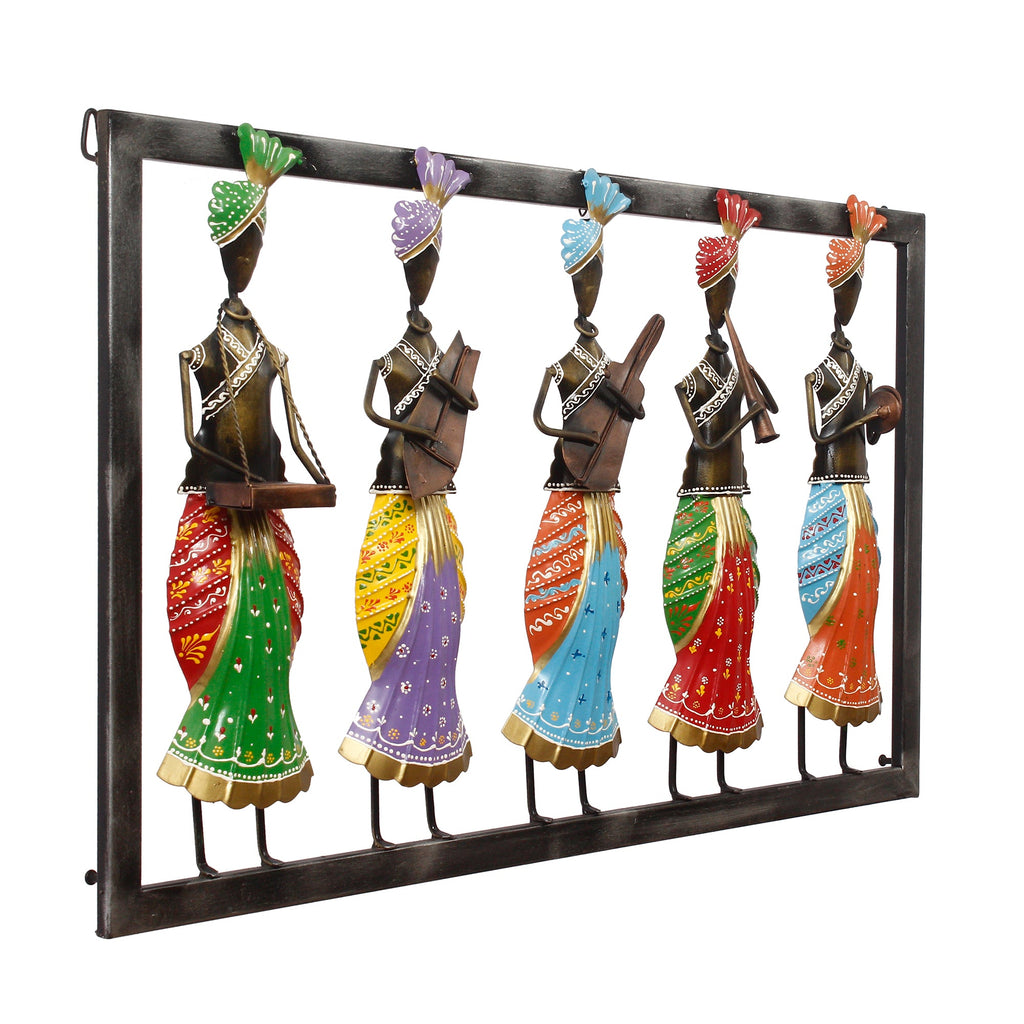 Set of 5 Tribal Women Playing Different Musical Instruments Colorful Decorative Iron Wall Hanging (Orange, Red, Blue, Purple, and Green) Kafalo