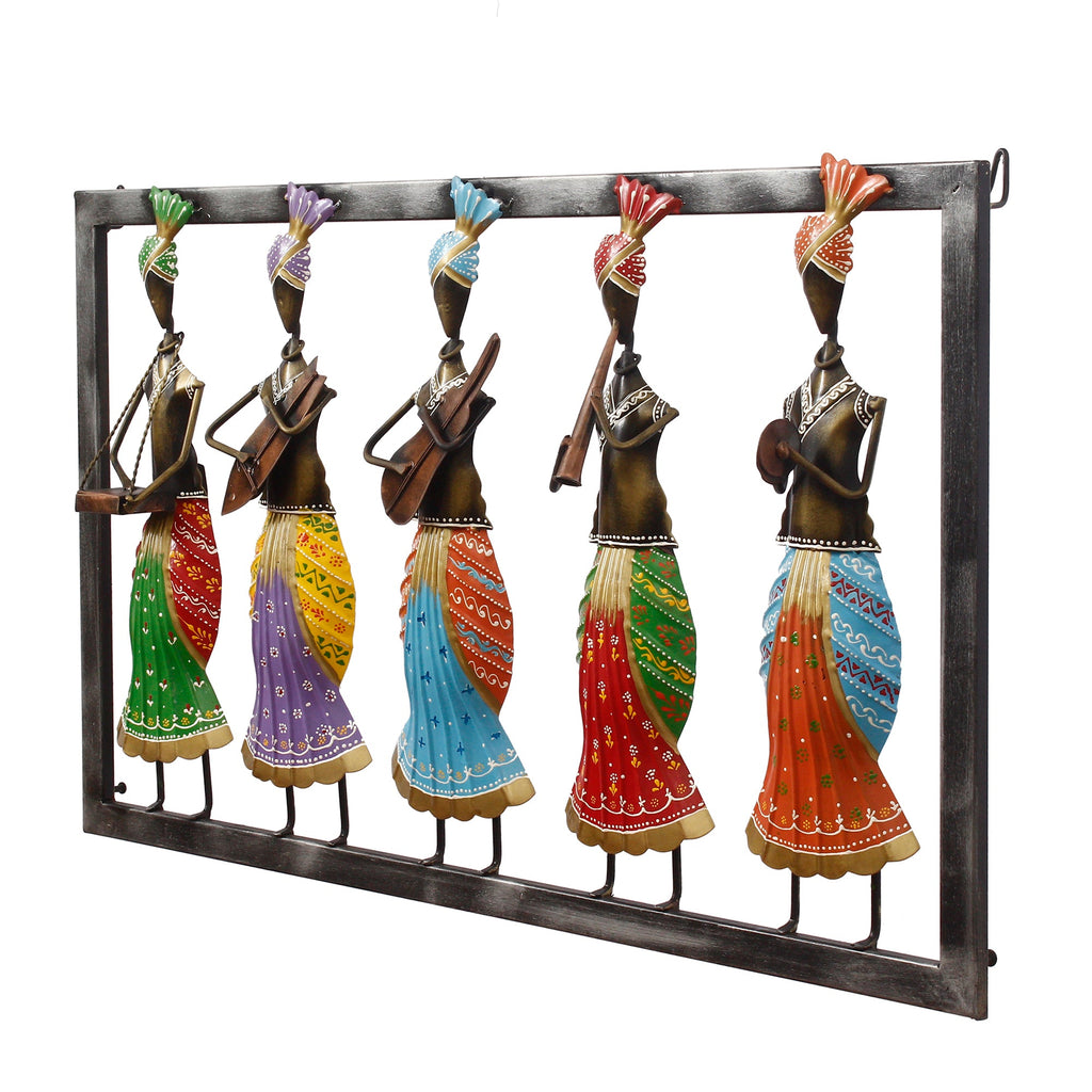 Set of 5 Tribal Women Playing Different Musical Instruments Colorful Decorative Iron Wall Hanging (Orange, Red, Blue, Purple, and Green) Kafalo