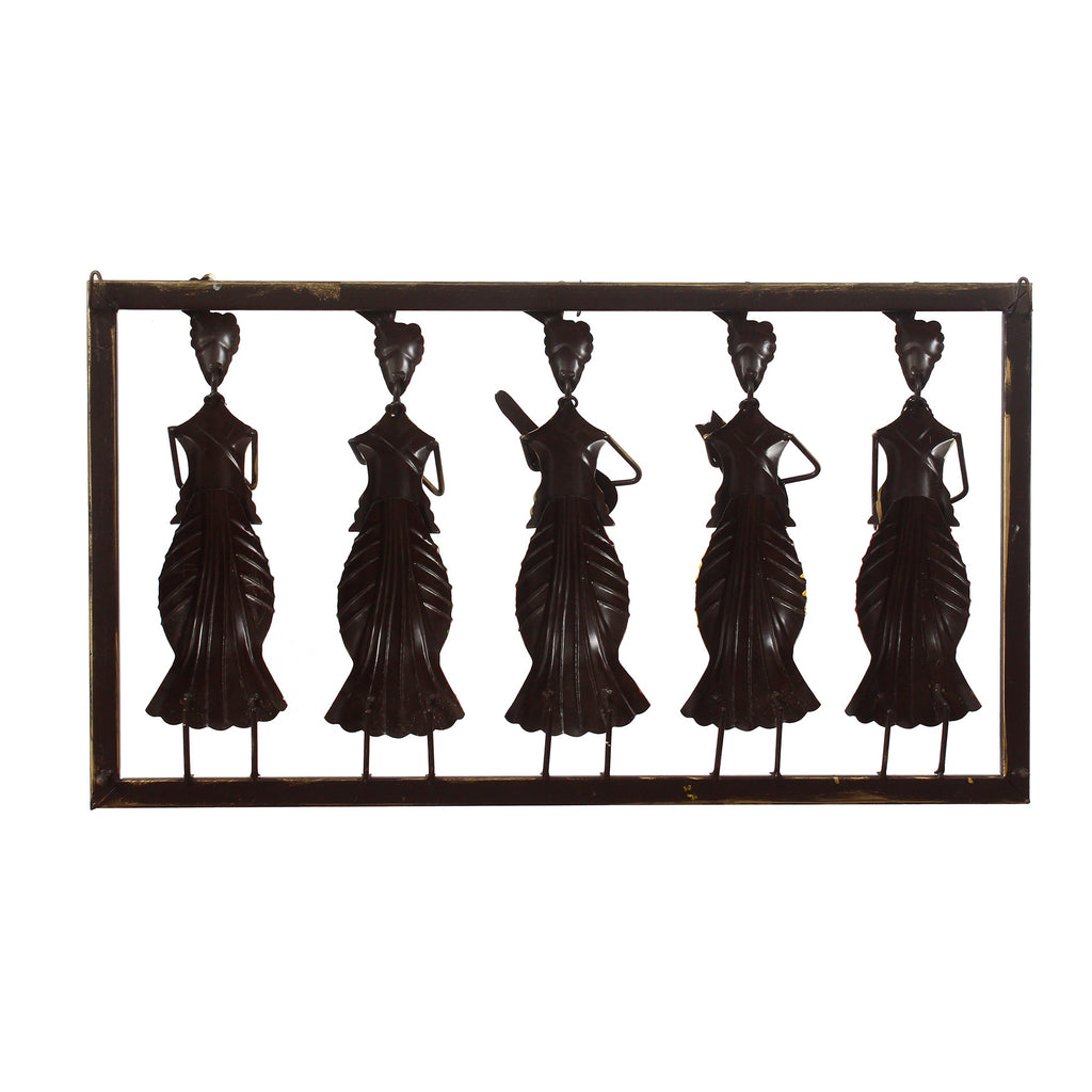 Set of 5 Tribal Women Playing Different Musical Instruments Colorful Decorative Iron Wall Hanging (Orange, Red, Blue, Purple, and Green) Kafalo