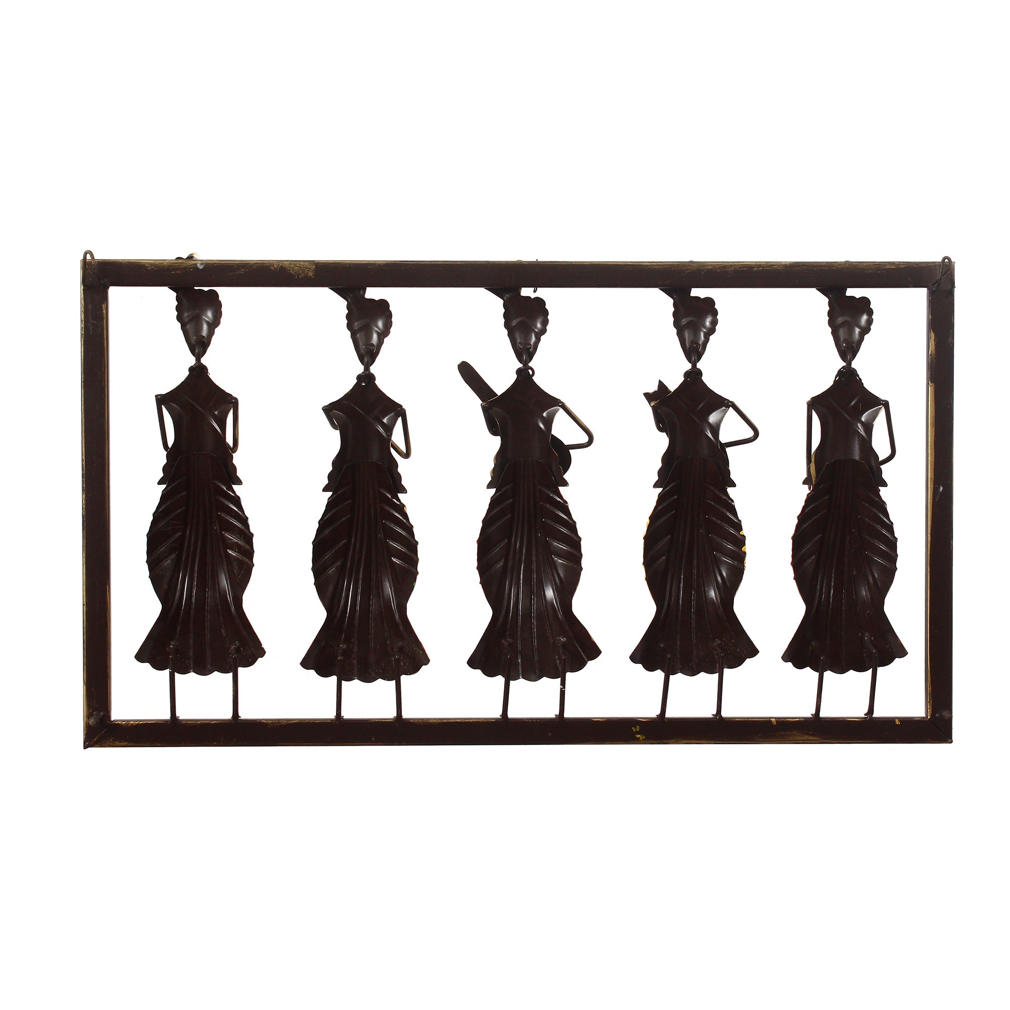 Set of 5 Tribal Women Playing Different Musical Instruments Colorful Decorative Iron Wall Hanging (Orange, Red, Blue, Purple, and Green) Kafalo
