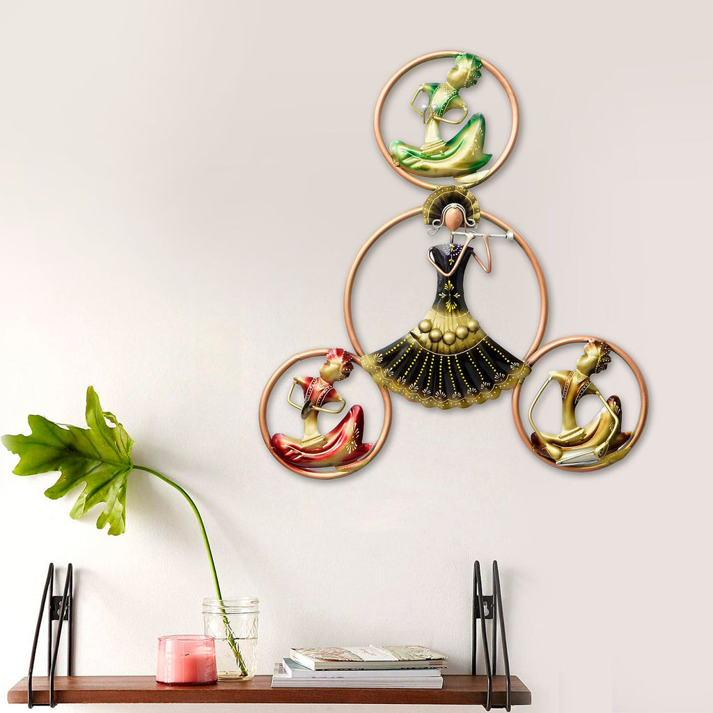 Group of 4 Tribal Women Playing Musical Instruments Handcrafted Iron Wall Hanging with background LED's Kafalo