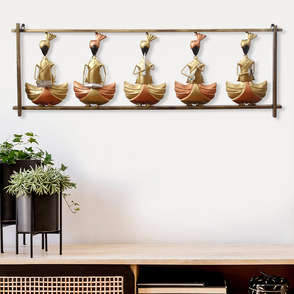 Golden Set of 5 Tribal Playing Different Musical Instruments Decorative Iron Wall Hanging Kafalo