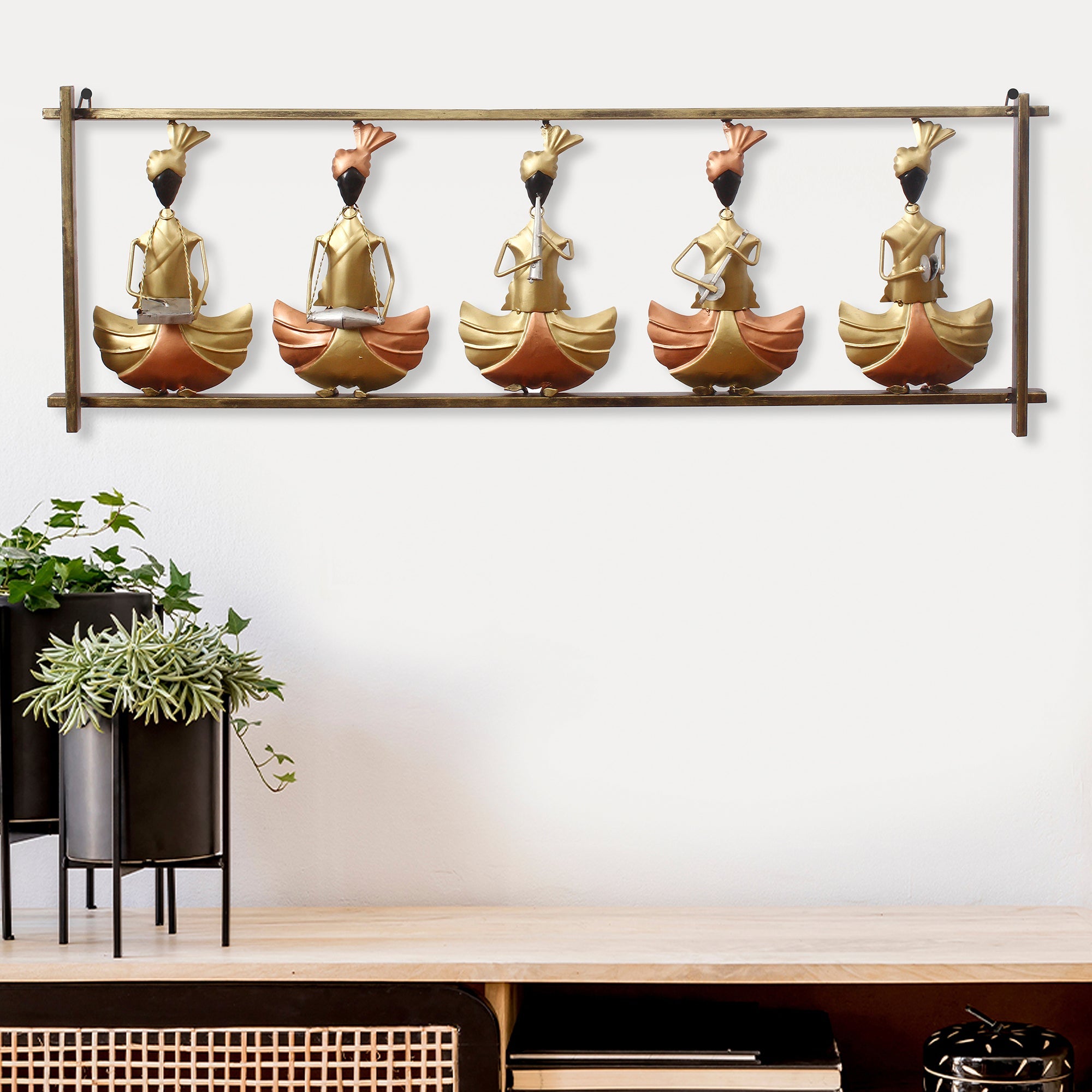 Golden Set of 5 Tribal Playing Different Musical Instruments Decorative Iron Wall Hanging Kafalo