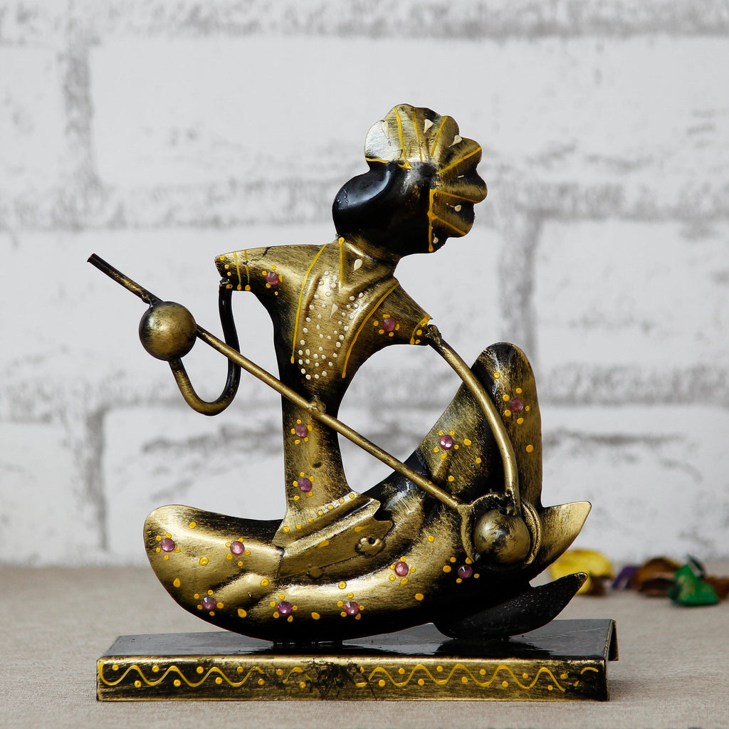 Iron Tribal Man Figurine with Paghdi Playing Banjo Musical Instrument Decorative Showpiece (Golden and Black) Kafalo