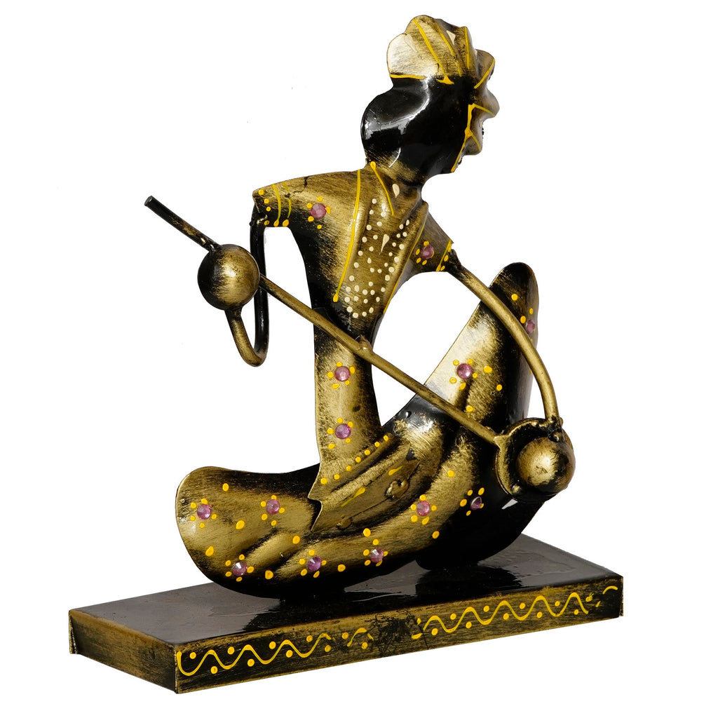 Iron Tribal Man Figurine with Paghdi Playing Banjo Musical Instrument Decorative Showpiece (Golden and Black) Kafalo