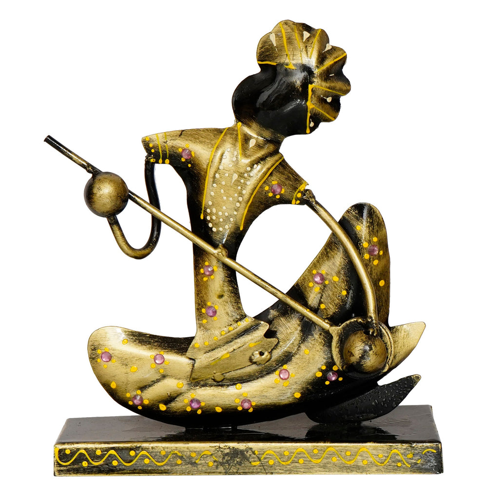 Iron Tribal Man Figurine with Paghdi Playing Banjo Musical Instrument Decorative Showpiece (Golden and Black) Kafalo