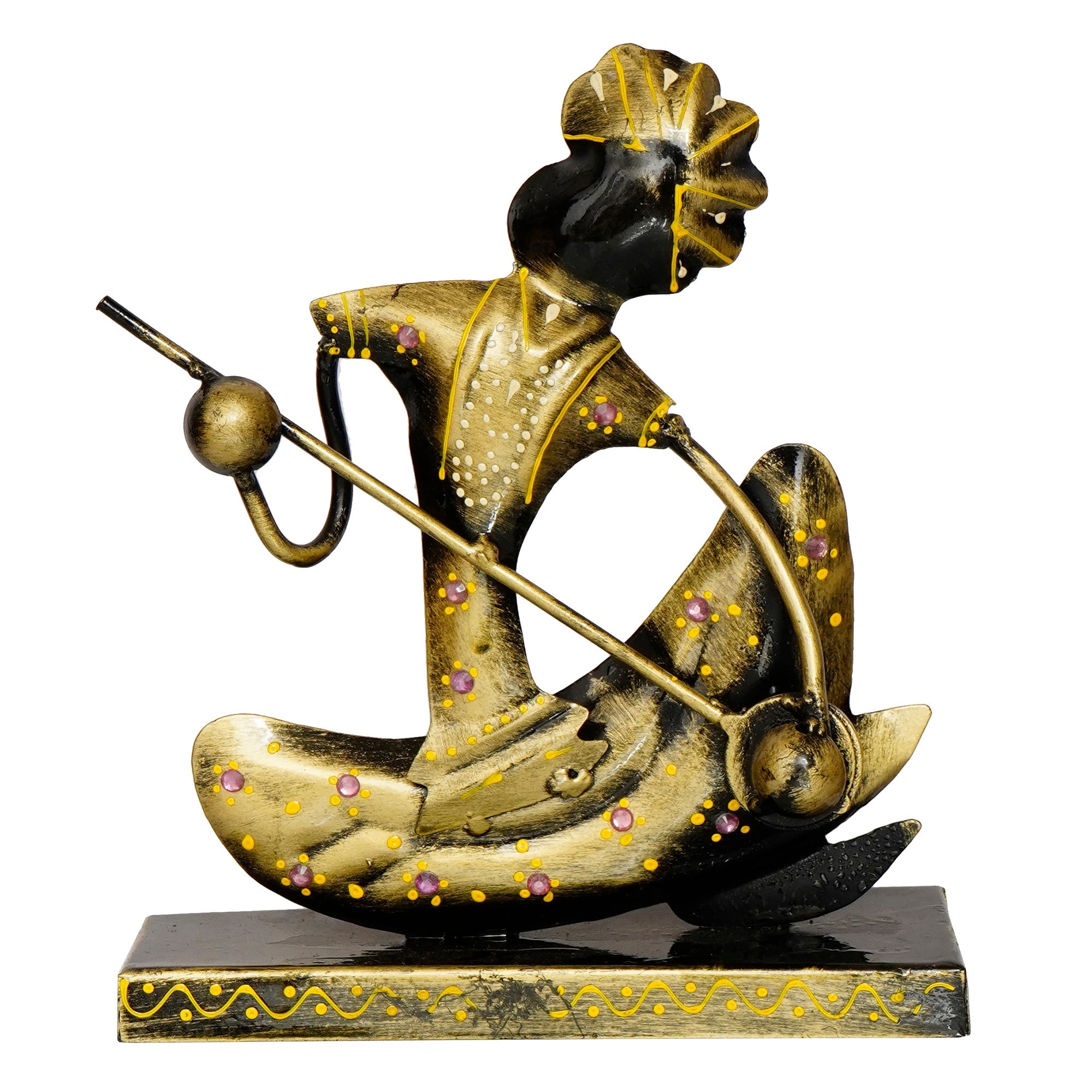Iron Tribal Man Figurine with Paghdi Playing Banjo Musical Instrument Decorative Showpiece (Golden and Black) Kafalo