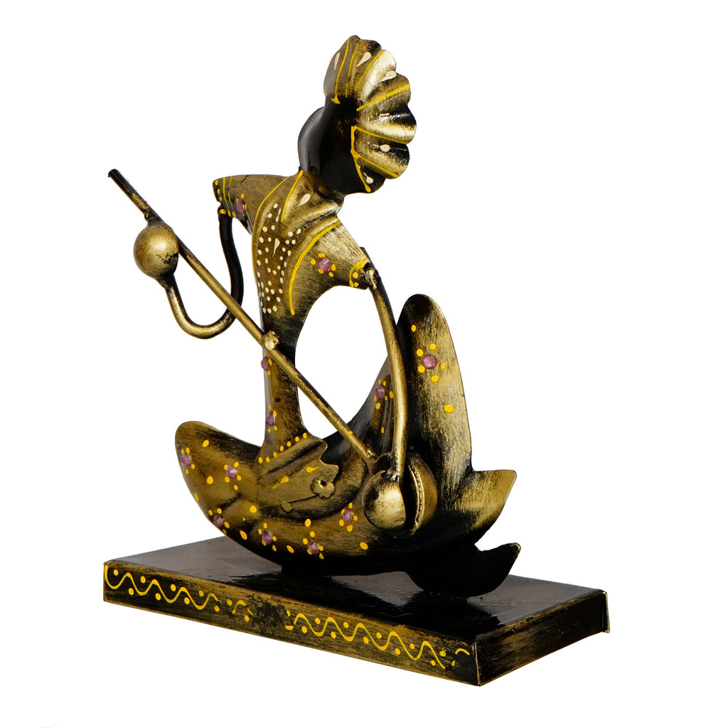Iron Tribal Man Figurine with Paghdi Playing Banjo Musical Instrument Decorative Showpiece (Golden and Black) Kafalo