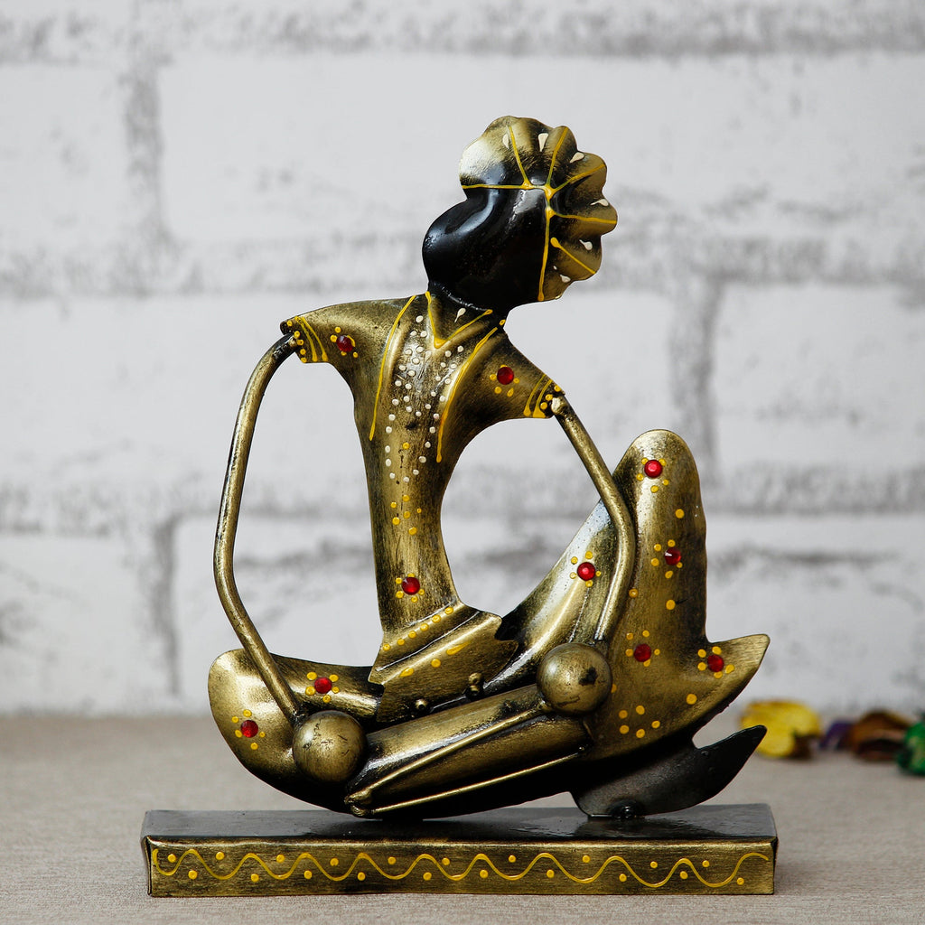 Iron Tribal Man Figurine with Paghdi Playing Dholak Musical Instrument Decorative Showpiece (Golden and Black) Kafalo