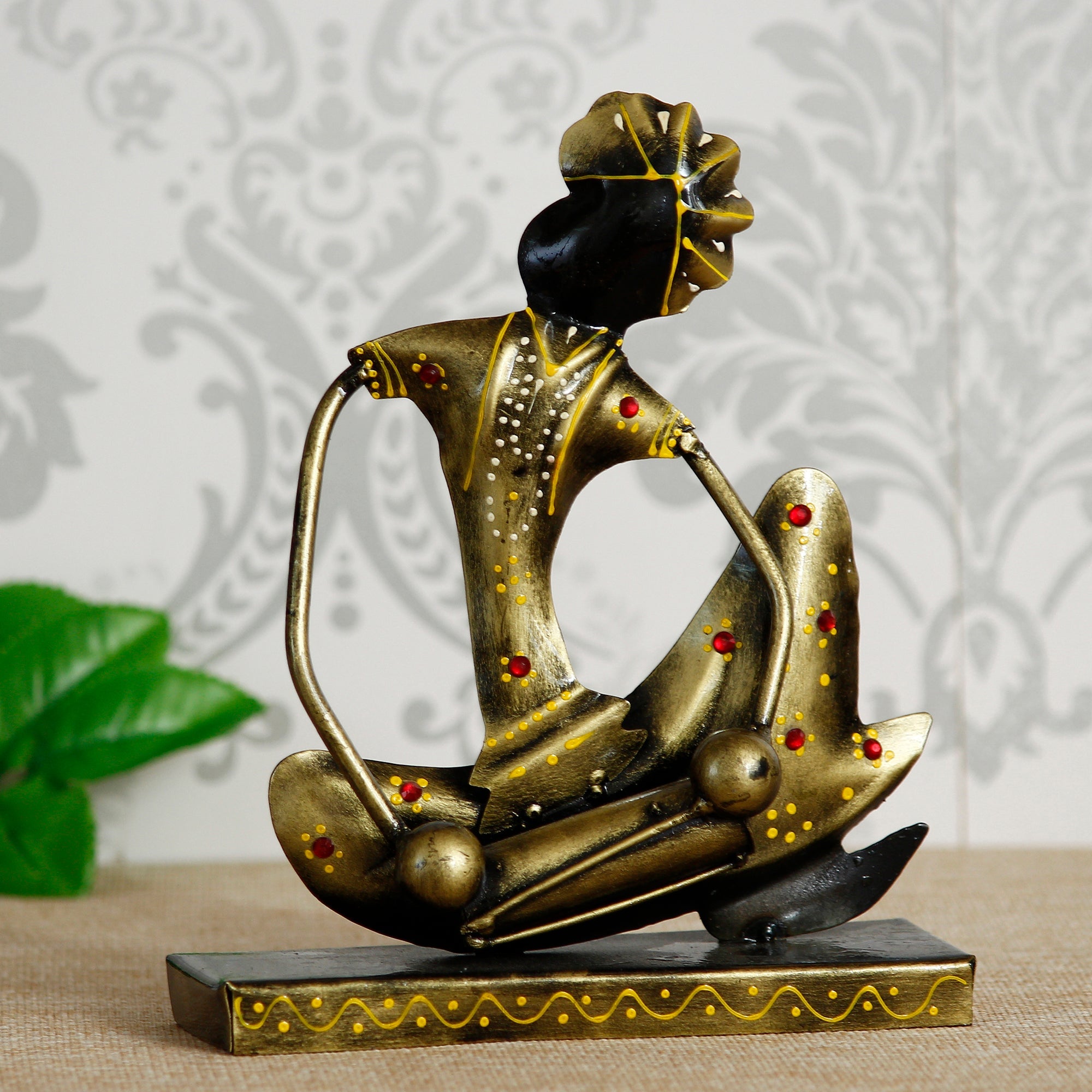 Iron Tribal Man Figurine with Paghdi Playing Dholak Musical Instrument Decorative Showpiece (Golden and Black) Kafalo