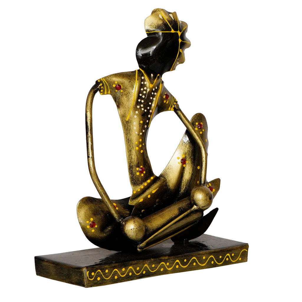 Iron Tribal Man Figurine with Paghdi Playing Dholak Musical Instrument Decorative Showpiece (Golden and Black) Kafalo