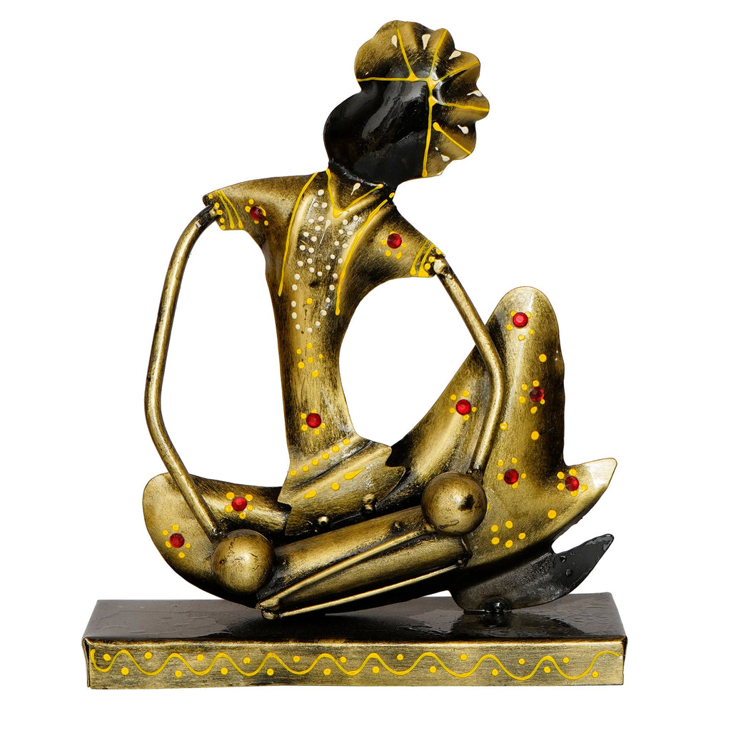 Iron Tribal Man Figurine with Paghdi Playing Dholak Musical Instrument Decorative Showpiece (Golden and Black) Kafalo