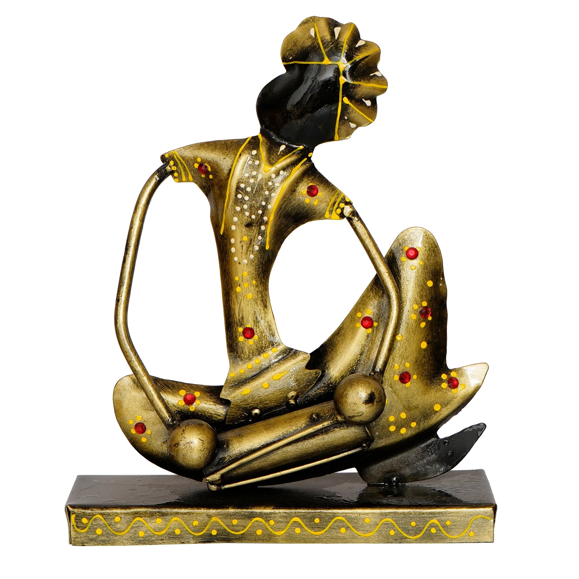 Iron Tribal Man Figurine with Paghdi Playing Dholak Musical Instrument Decorative Showpiece (Golden and Black) Kafalo