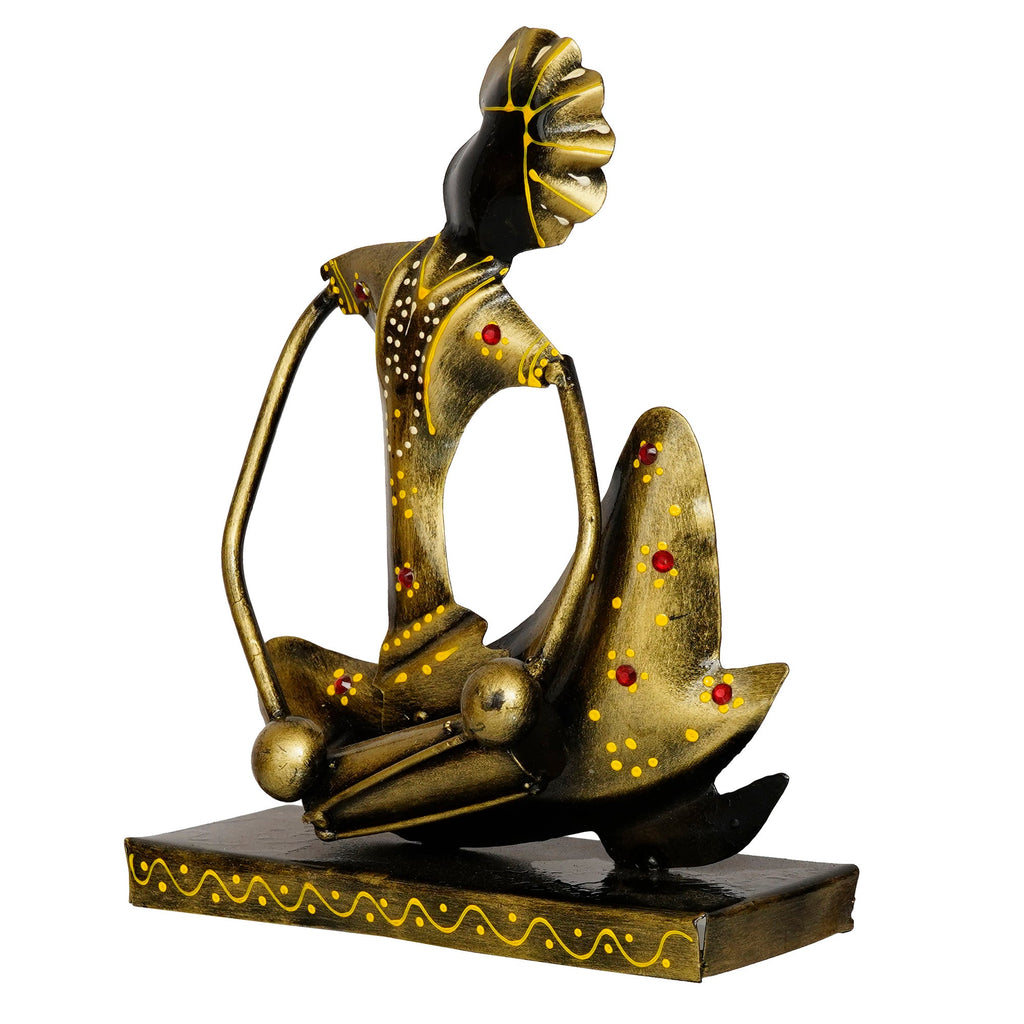 Iron Tribal Man Figurine with Paghdi Playing Dholak Musical Instrument Decorative Showpiece (Golden and Black) Kafalo