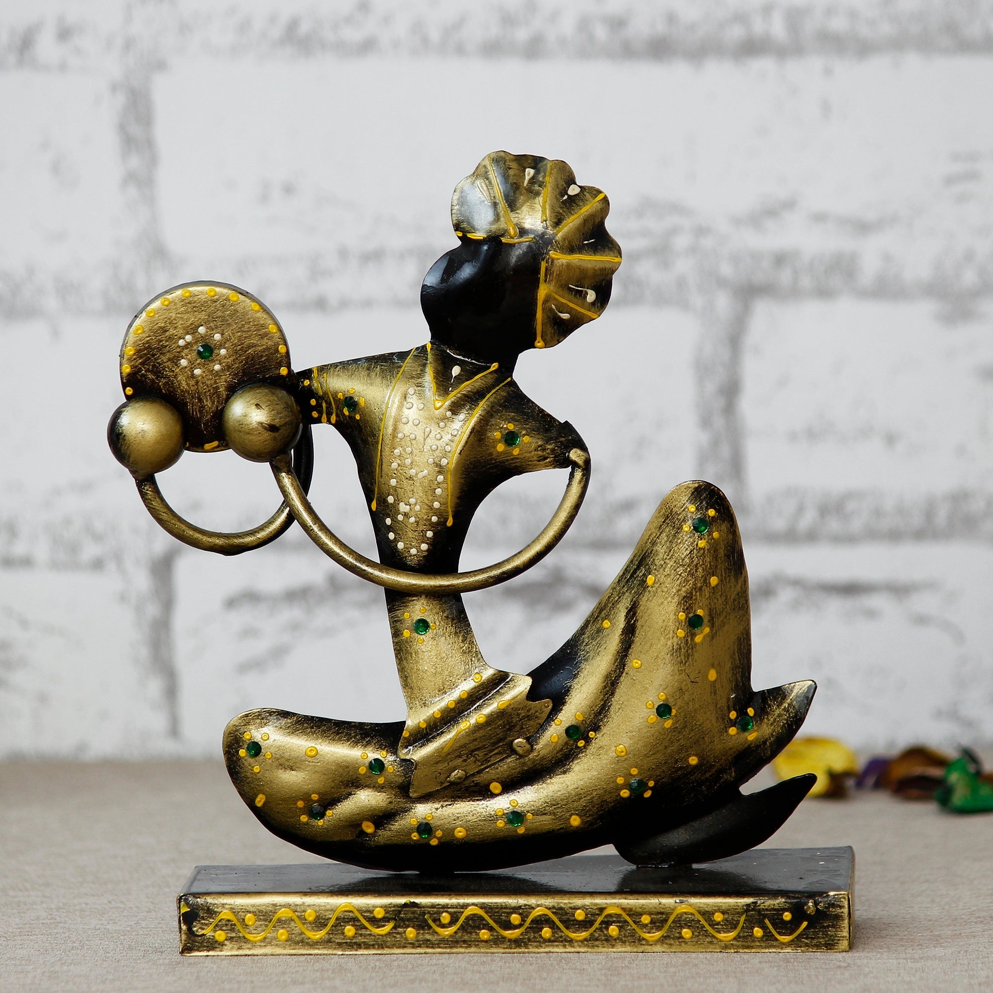 Iron Tribal Man Figurine with Paghdi Playing Tambourine/Dafli Musical Instrument Decorative Showpiece (Golden and Black) Kafalo