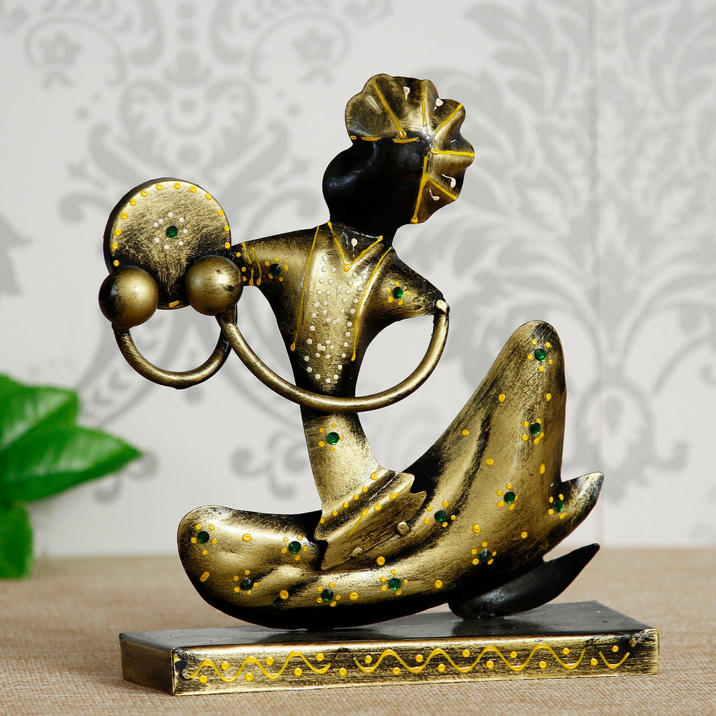 Iron Tribal Man Figurine with Paghdi Playing Tambourine/Dafli Musical Instrument Decorative Showpiece (Golden and Black) Kafalo