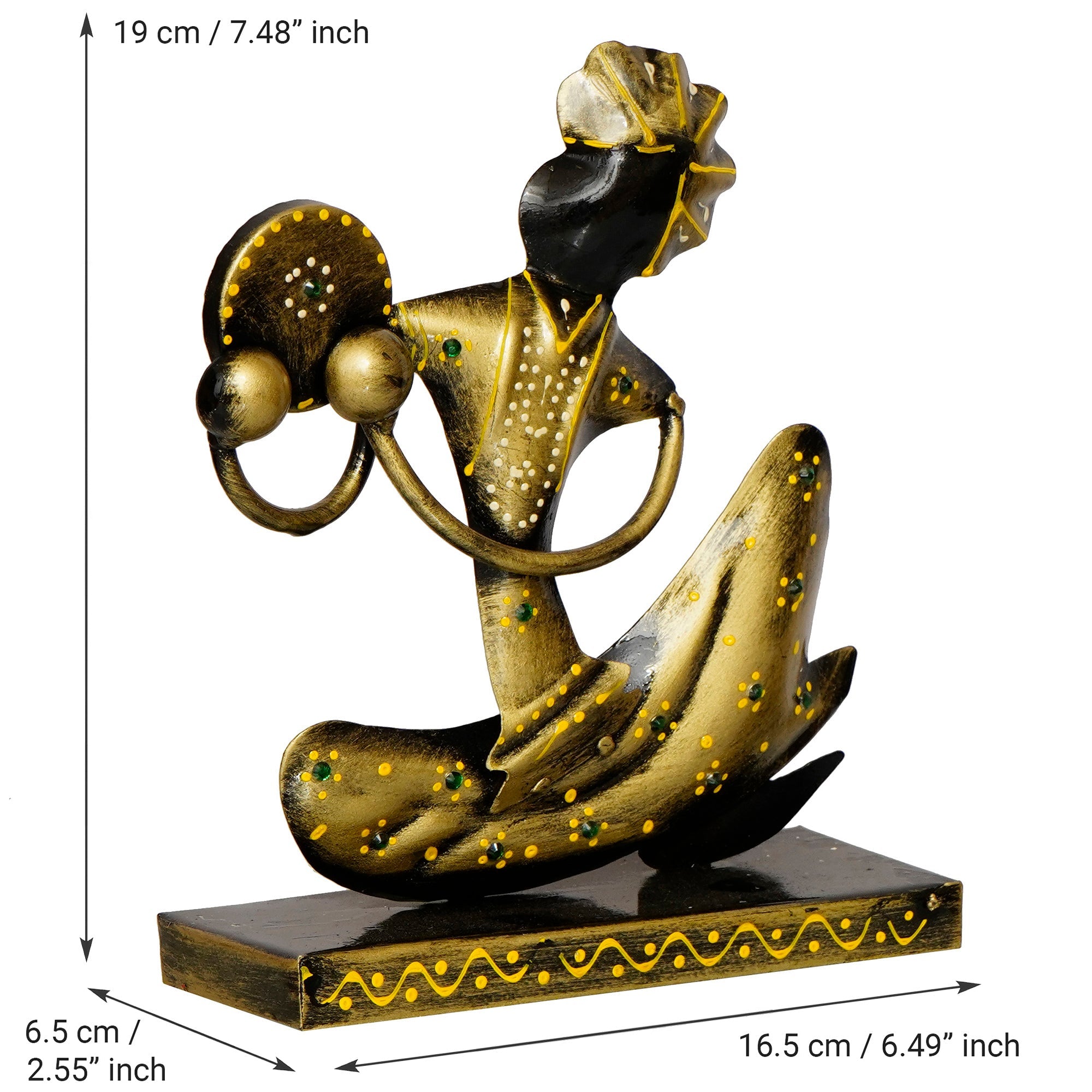 Iron Tribal Man Figurine with Paghdi Playing Tambourine/Dafli Musical Instrument Decorative Showpiece (Golden and Black) Kafalo