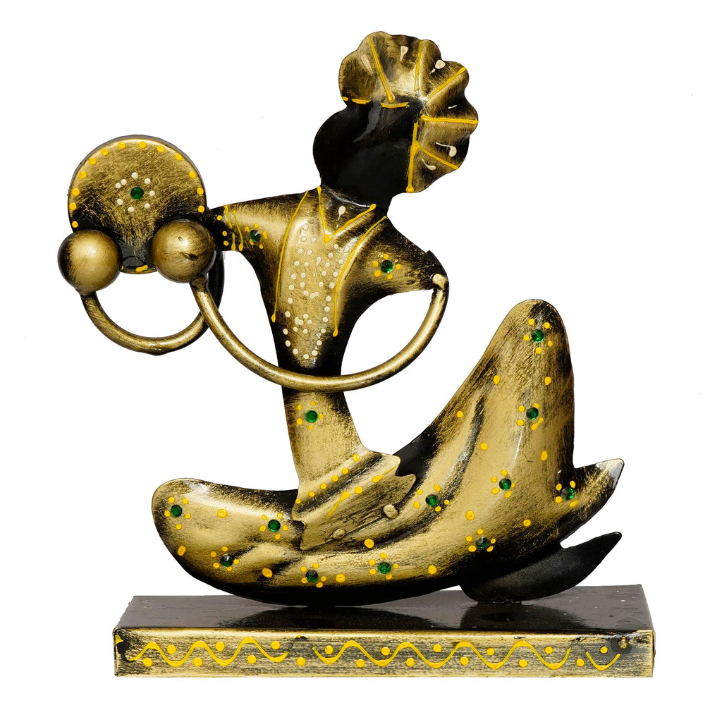Iron Tribal Man Figurine with Paghdi Playing Tambourine/Dafli Musical Instrument Decorative Showpiece (Golden and Black) Kafalo
