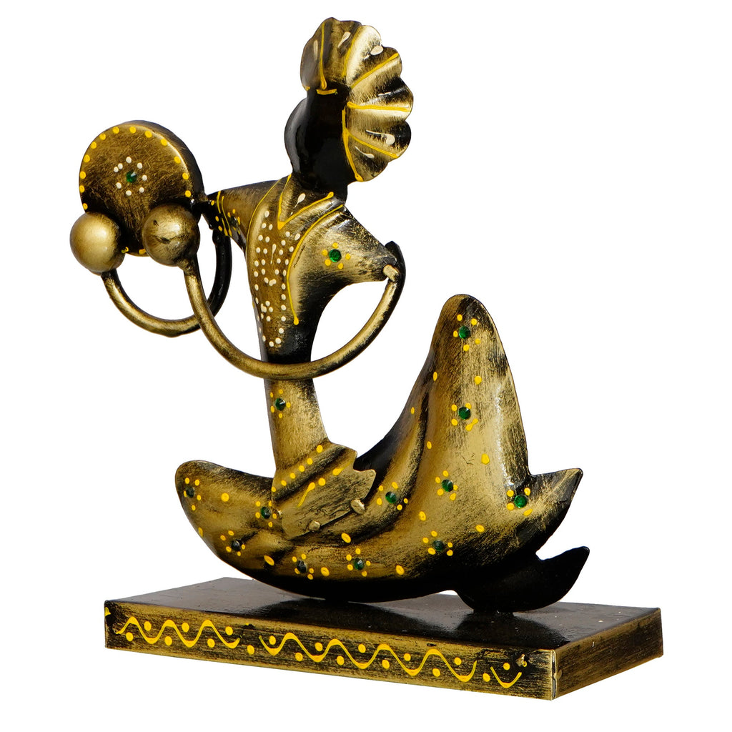 Iron Tribal Man Figurine with Paghdi Playing Tambourine/Dafli Musical Instrument Decorative Showpiece (Golden and Black) Kafalo