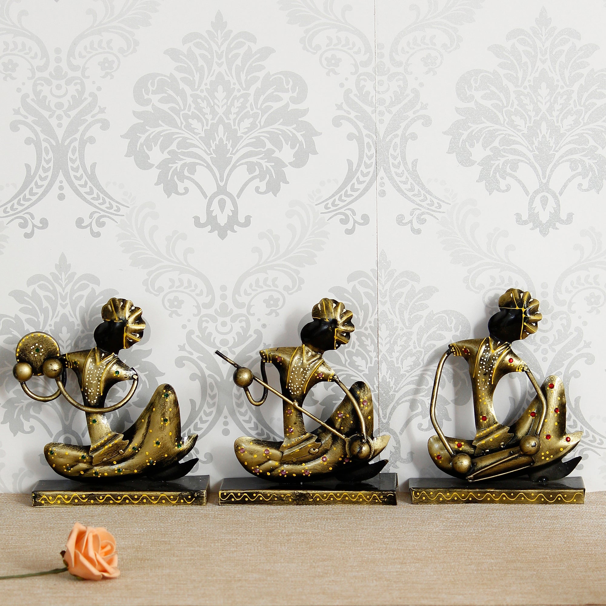 Iron Set of 3 Tribal Man Figurines with Paghdi Playing Tambourine/Dafli, Banjo, Dholak Musical Instruments Decorative Showpiece (Golden and Black) Kafalo