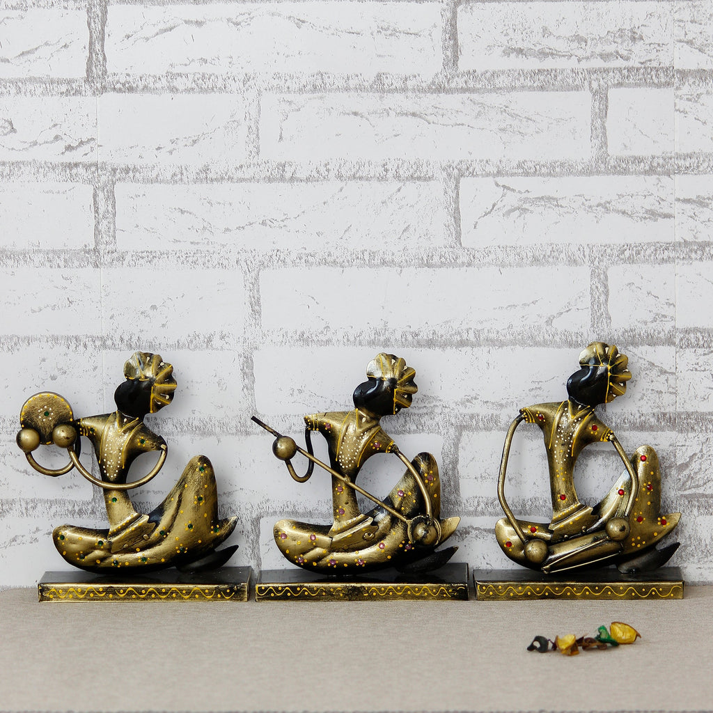 Iron Set of 3 Tribal Man Figurines with Paghdi Playing Tambourine/Dafli, Banjo, Dholak Musical Instruments Decorative Showpiece (Golden and Black) Kafalo